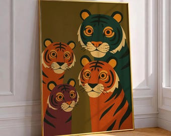 Impressão artística "Tigres Curiosos", ilustração boho de vida selvagem de meados do século XX, pôster abstrato e lúdico de animais para decoração de quarto infantil, maximalista vintage e descolado.