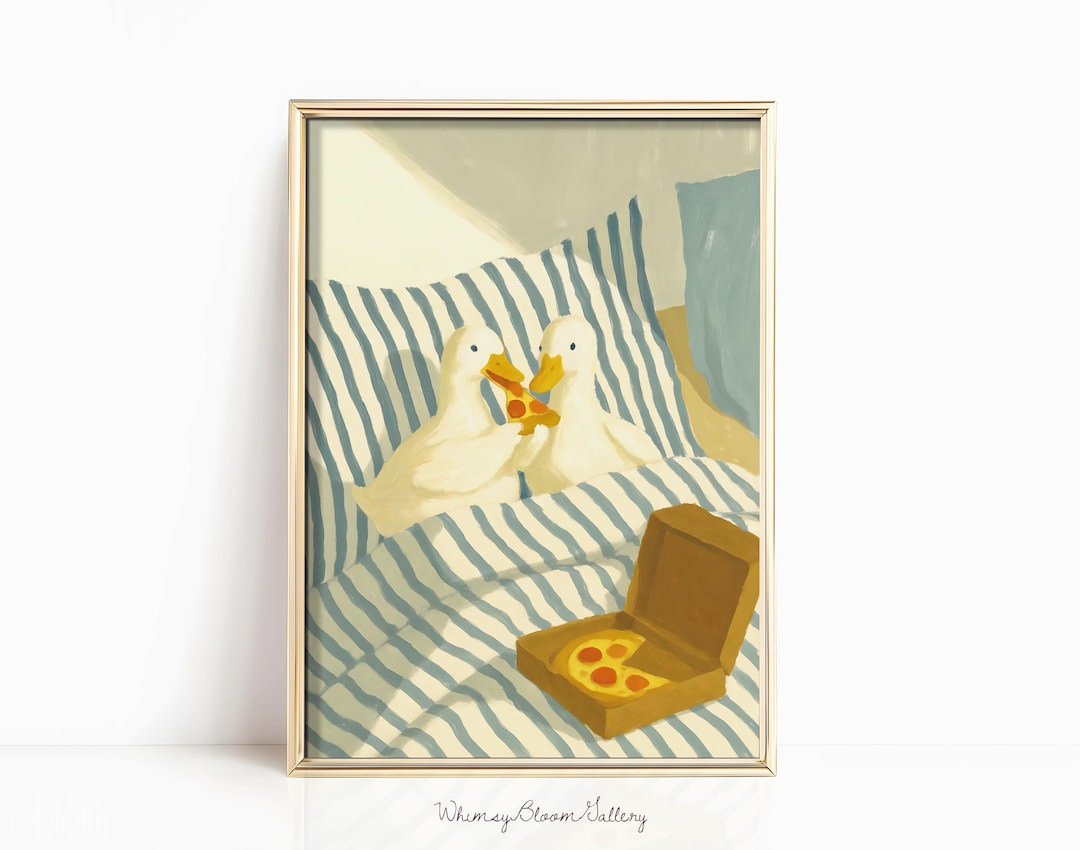 Two Ducks Eating Pizza Print - Goose in Cosy Bedroom Poster, Pizza Club Art, Retro Bar Cart Decor, Silly Goose Wall Art, Duck Kitchen Decor - 12″ x 18″