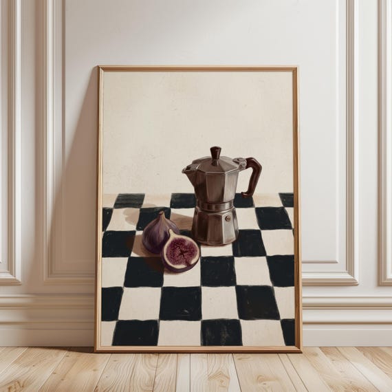 Moka Pot and Figs Still Life Art Print, Vintage Italian Espresso Coffee Painting, Dark Academia Café Poster Checkerboard Moody Kitchen Decor