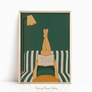 Emerald Green Woman Reading Wall Art - Cosy Bedroom Poster, Female Abstract Print for Book Lover, Book Shelf Decor for Reader, Book Nook Art
