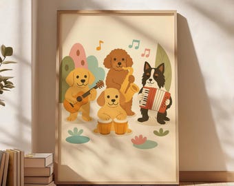 Pôster artístico de cachorros tocando instrumentos musicais, divertido pôster musical para quarto infantil, decoração lúdica e estimulante para berçário, presente para chá de bebê