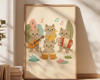 Pôster artístico de uma banda de gatos tocando instrumentos, pôster divertido de gatinhos musicais para quarto infantil, decoração lúdica com tema de gatos para berçário e chá de bebê.