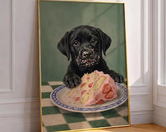 Ilustração de um Labrador Preto Comendo Bolo - Ilustração Divertida e Inusitada de um Cachorro para Decoração de Cozinha, Pôster de Bolo de Morango Rosa, Presente Ideal para Dono de Labrador Preto