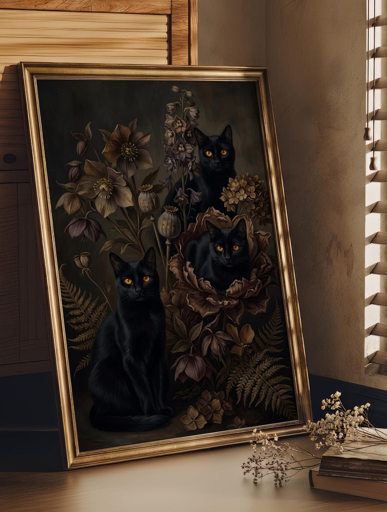 Dark Moody Black Cat Wall Art, Vintage Gothic Botanical Flower Print ...