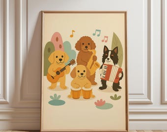 Pôster artístico da banda Playful Dogs, pôster musical divertido com cachorros, decoração para quarto infantil, decoração lúdica para chá de bebê (download digital)