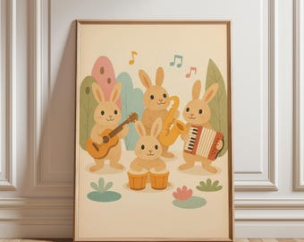 Impressão artística de coelhos com instrumentos musicais, pôster divertido de coelho musical para quarto infantil, berçário ou chá de bebê, decoração que estimula a dopamina (download digital)