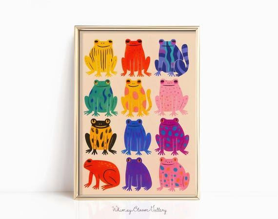 Colorful Frogs Print: Kitsch Animal Pattern Wall Art, Aesthetic Dopamine Decor, Funky Maximalist Decor, Printable Digital Download Poster