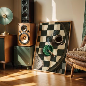May include: A room scene featuring vintage audio equipment, including speakers and a record player. A framed artwork with a chessboard design leans against the wall, with a cup of coffee and an ashtray. A leather armchair and green curtains complete the scene.