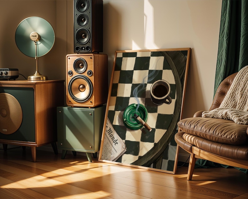 May include: A room scene featuring vintage audio equipment, including speakers and a record player. A framed artwork with a chessboard design leans against the wall, with a cup of coffee and an ashtray. A leather armchair and green curtains complete the scene.