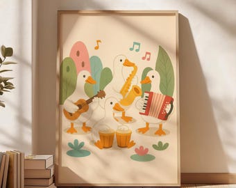Pôster artístico de uma banda de gansos tocando instrumentos, pôster divertido de gansos musicais para quarto infantil, decoração lúdica e estimulante para berçário, presente para chá de bebê