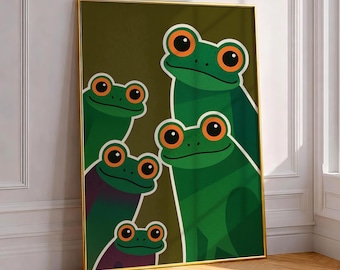 Impressão artística de sapos curiosos e divertidos, pôster retrô com ilustração kitsch de animais de meados do século XX, pintura abstrata, divertida e caprichosa para decoração de quarto infantil.