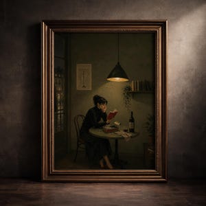 May include: A framed painting depicts a woman reading at a table. The scene is illuminated by a hanging lamp. A bottle of wine and a book are on the table. The frame is a warm brown color.