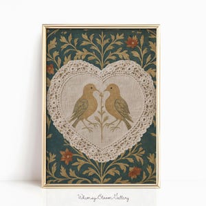 May include: Framed art print featuring two yellow birds facing each other inside a heart-shaped doily. The birds are set against a beige background, surrounded by a dark teal floral pattern. The frame is gold, and the print is signed "Whimsy Bloom Gallery".