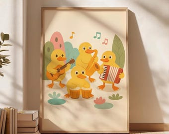 Quadro artístico com banda de patos tocando instrumentos, pôster divertido de patos musicais para quarto infantil, decoração lúdica e estimulante para berçário, presente para chá de bebê