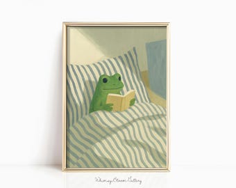 Frog Reading Book in Bed Print - Cosy Bedroom Paint, Bookish Illustration for Bookshelf Decor, Funny Frog Wall Art, Retro Animal Nursery Art