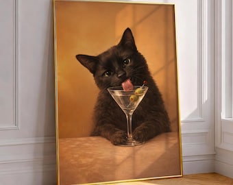 Quadro com Gato Preto Bebendo Martini em Taça - Pintura a Óleo de Gato Melancólico para Decoração de Carrinho de Bar, Arte de Parede Dourada, Pôster Fofo de Gatinho para Presente para Mãe de Gato