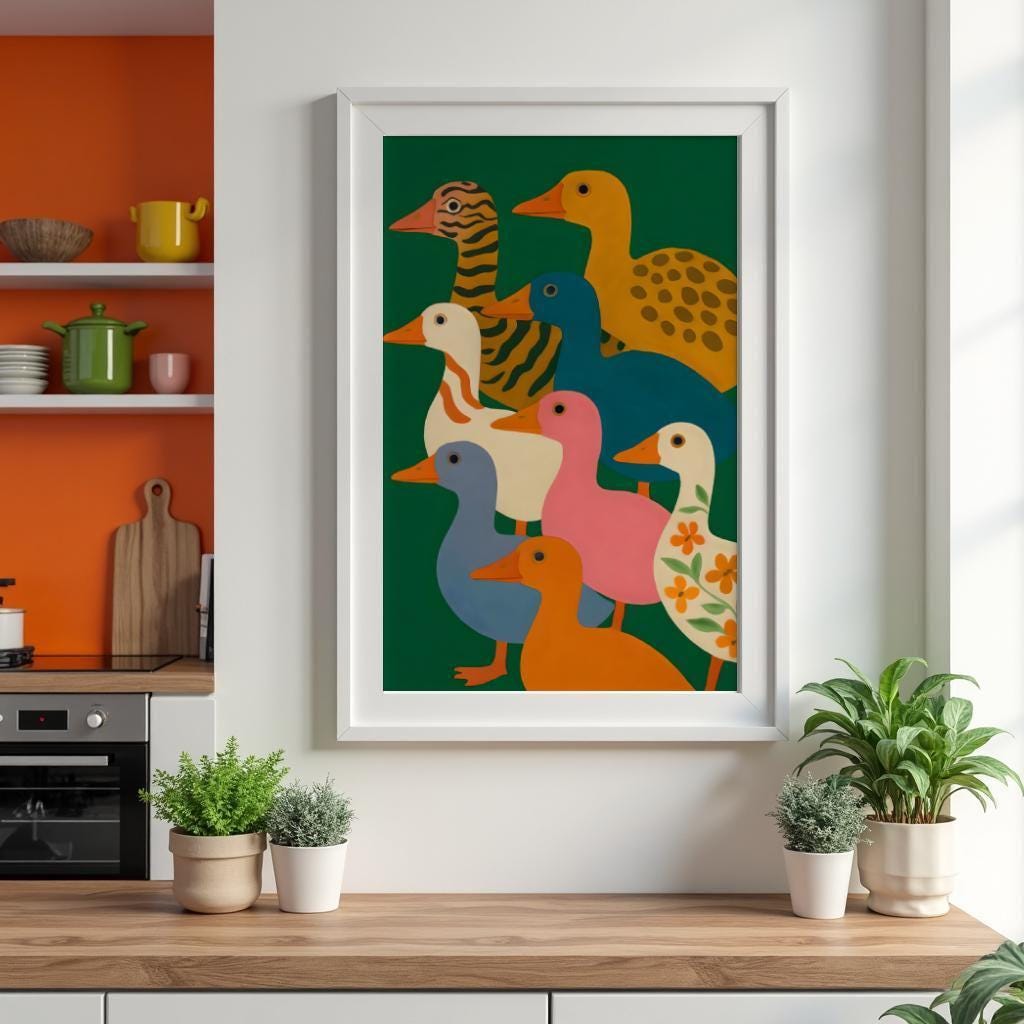 Colorful Ducks Printable: Kitsch Animal Pattern Art, Maximalist Funky ...