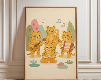 Impressão artística musical da banda Leopard, pôster infantil divertido com estampa de guepardo, decoração para quarto de bebê com tema de dopamina, ideal para presente de chá de bebê, imprimível (download digital)