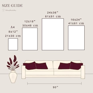 May include: A size guide graphic with dimensions in inches and centimeters. The image shows a sofa with pillows, a vase with a plant, and blank rectangular art prints in various sizes: 8x12", 12x18", 16x24", and 24x36".