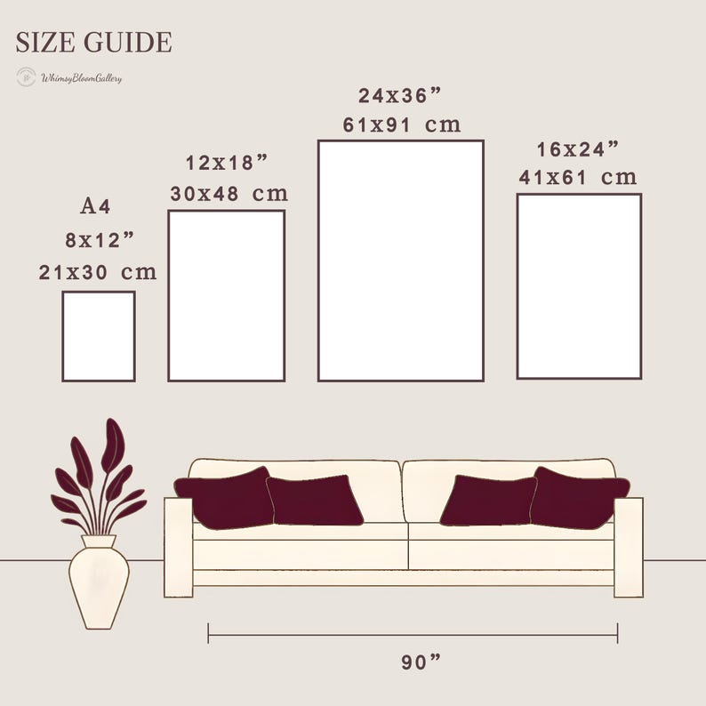 May include: A size guide graphic with dimensions in inches and centimeters. The image shows a sofa with pillows, a vase with a plant, and blank rectangular art prints in various sizes: 8x12", 12x18", 16x24", and 24x36".
