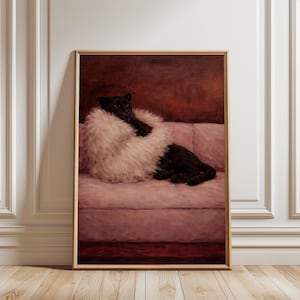 May include: A framed art print depicts a black panther lounging on a pink sofa, draped in a fluffy white fur coat. The artwork has a vintage aesthetic with a warm color palette, including shades of brown and pink.
