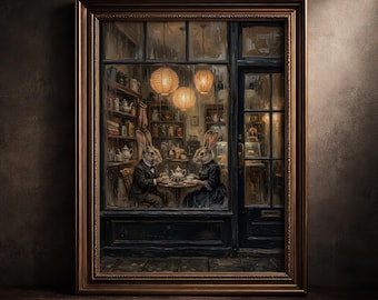 Impression sombre lapin Academia, lapins lunatiques ayant du thé art mural, peinture de livre de contes vintage Moody Cottagecore, affiche de café confortable salon de thé