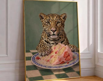 Impressão artística de leopardo comendo bolo - Ilustração divertida e lúdica de animal selvagem para decoração de cozinha, pôster de bolo de morango rosa para amantes de sobremesas.
