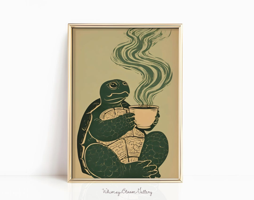 Japanese Turtle Drinking Green Tea Print, Cosy Vintage Ukiyo-e Style ...