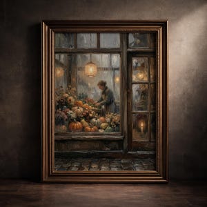 Pumpkin Stand Window Art Print, Rustic Harvest Cottagecore Wall Decor, Vintage Moody Autumn Painting, Whimsical Aesthetic Rainy Day Poster