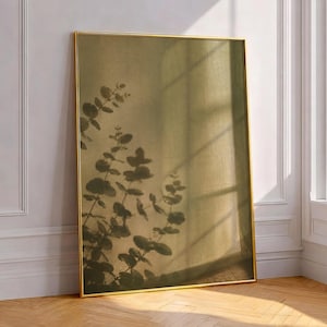 Eucalyptus Shadow Art Print, Muted Sage Green Botanical Photography Poster, Minimalist Window Light Painting Cozy Sunlight Modern Wall Decor