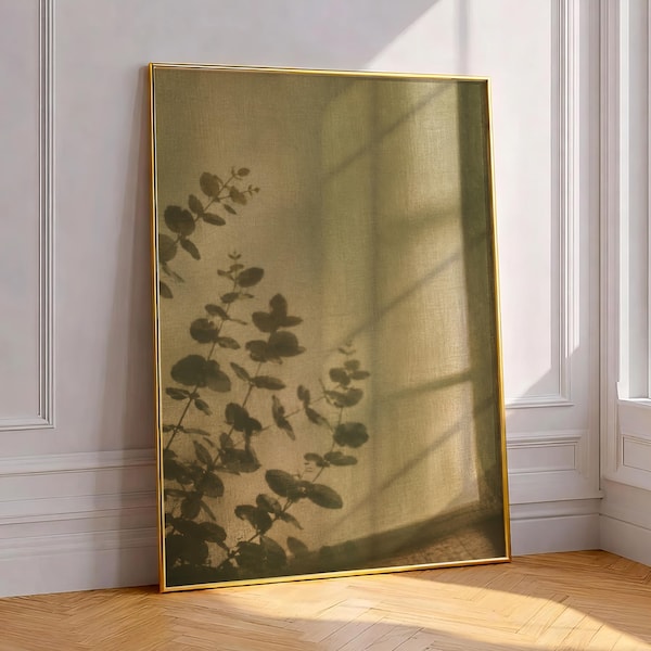 Eucalyptus Shadow Art Print, Muted Sage Green Botanical Photography Poster, Minimalist Window Light Painting Cozy Sunlight Modern Wall Decor