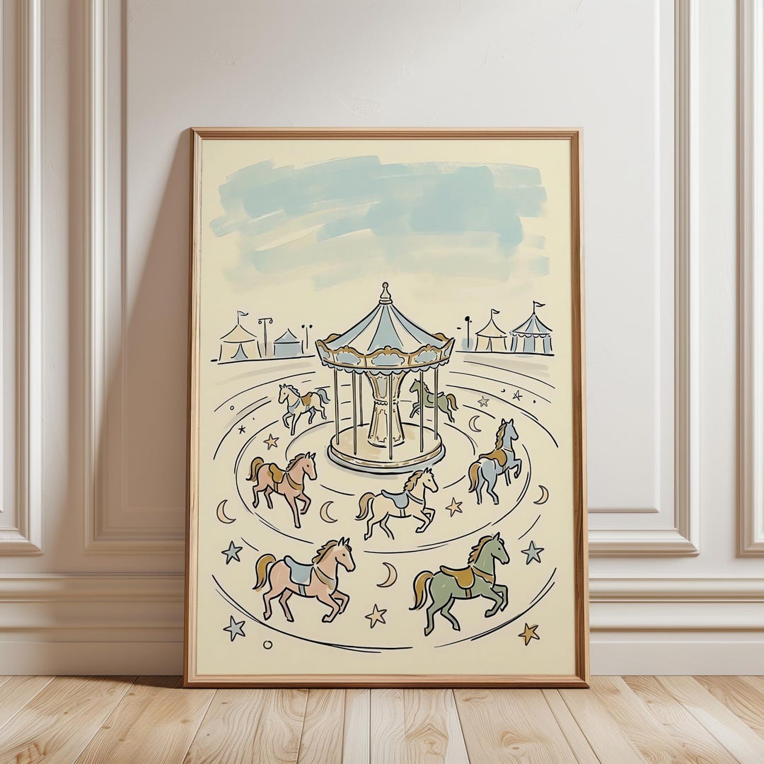 Carousel Horse Art Print, Vintage Carnival Nursery Painting, Whimsical ...