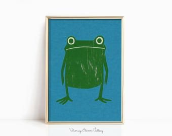 Blue Japanese Green Frog Wall Art, Asian Inspired Decor, Minimalist Animal Poster, Zen Japandi Print, Retro Ukiyo-e Style Paint Illustration