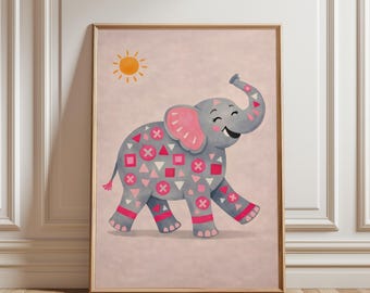 Impressão artística de elefante e sol em estilo lúdico – Pôster divertido sobre dopamina, decoração alegre e vibrante para quarto de bebê ou presente imprimível para chá de bebê (download digital)