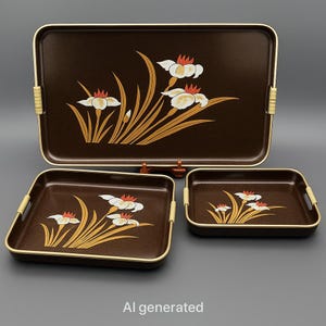 May include: A set of three brown serving trays with a floral design. The trays have a gold trim and handles. The floral design features white flowers with red centers and gold leaves. The largest tray is rectangular, and the other two are square.