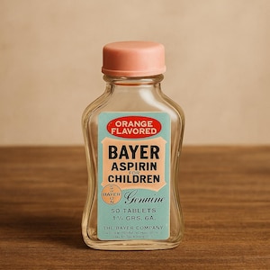 Vintage Bayer Aspirin for Children Bottle – Orange Flavored – Mid-Century Glass Medicine Bottle with Label & Pink Cap – Pharmacy Decor