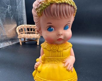 1958 Edward Mobley Rubber Girl Doll – Yellow Dress with Working Squeaker | Arrow Rubber & Plastic | Vintage Kitsch Cutie