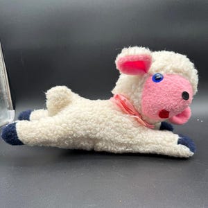 Vintage Lamb Plush Toy – Blue Hooves & Pink Bow – 1960s Style – Kitsch Nursery Decor