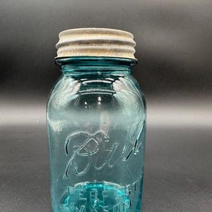 Vintage Aqua Ball Einmachglas - 1920er - 30er Jahre Vitrinenglas mit Zinkdeckel