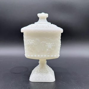 Vintage Westmoreland Milk Glass Candy Dish – Grape Pattern Square Compote with Lid – Cottagecore Pedestal Jar