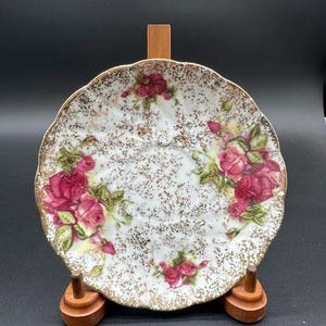 Vintage Trimont Japan Rose Plate – Scalloped Edge Porcelain with Gold Splatter, Pink Red Floral Accent – Made in Japan – Cottagecore Decor