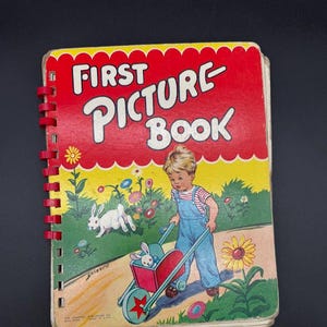 « Premier livre d'images » vintage de The Hampton Publishing Co. | Livre pour tout-petits avec reliure spirale des années 40 et 50 avec illustrations Mid-Century