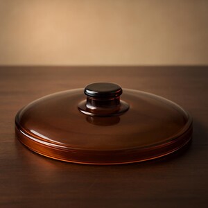 Puede incluir: Una tapa redonda de vidrio color ámbar con un pomo negro. La tapa es ligeramente abovedada y parece estar hecha de vidrio grueso. El pomo tiene una forma pequeña y redondeada. La tapa está sobre una superficie de madera oscura.