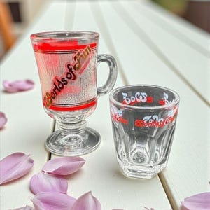 May include: Two clear glass cups with red accents and text. One is a stemmed mug with the words "Worlds of Fun" and the other is a small shot glass. Pink flower petals are scattered around the cups.