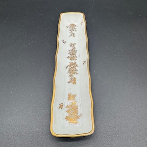 Vintage Hand-Painted Porcelain Tray – Gold Floral Motif | Incense or Chopstick Holder