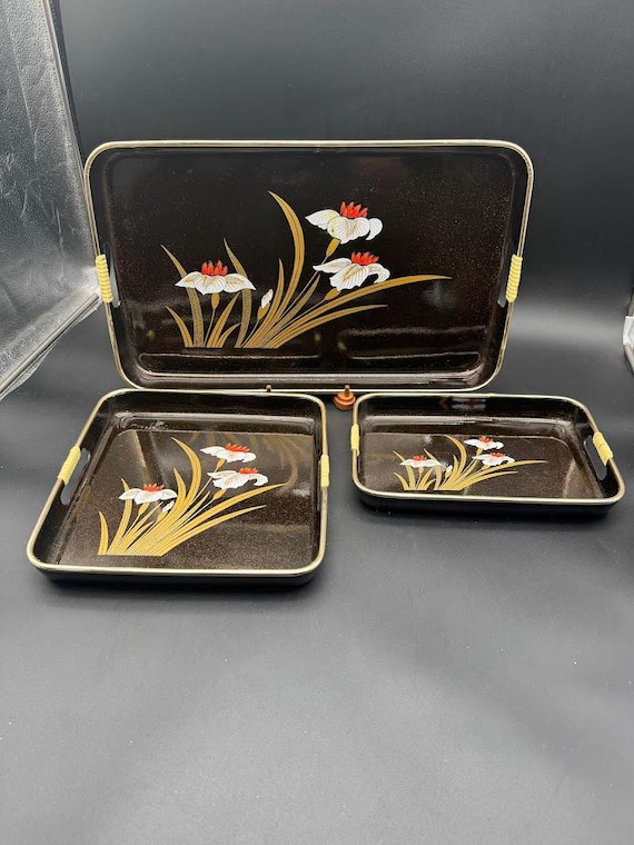 Vintage Japanese Lacquerware Tray Set – Three Dark Brown & Gold