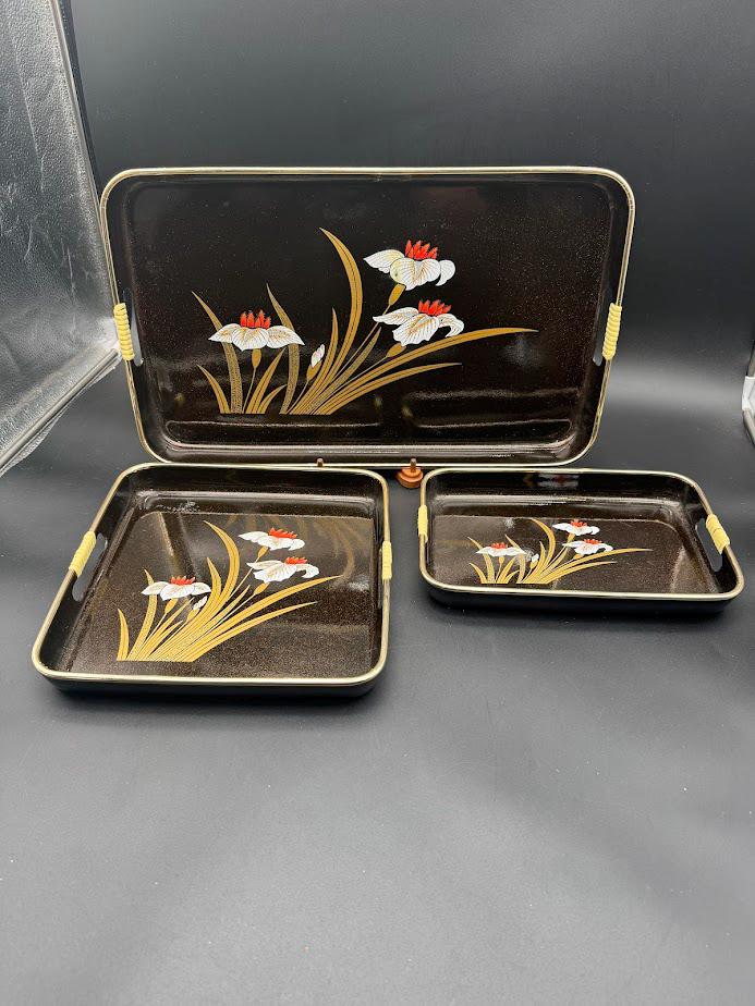 Vintage Japanese Lacquerware Tray Set – Three Dark Brown & Gold