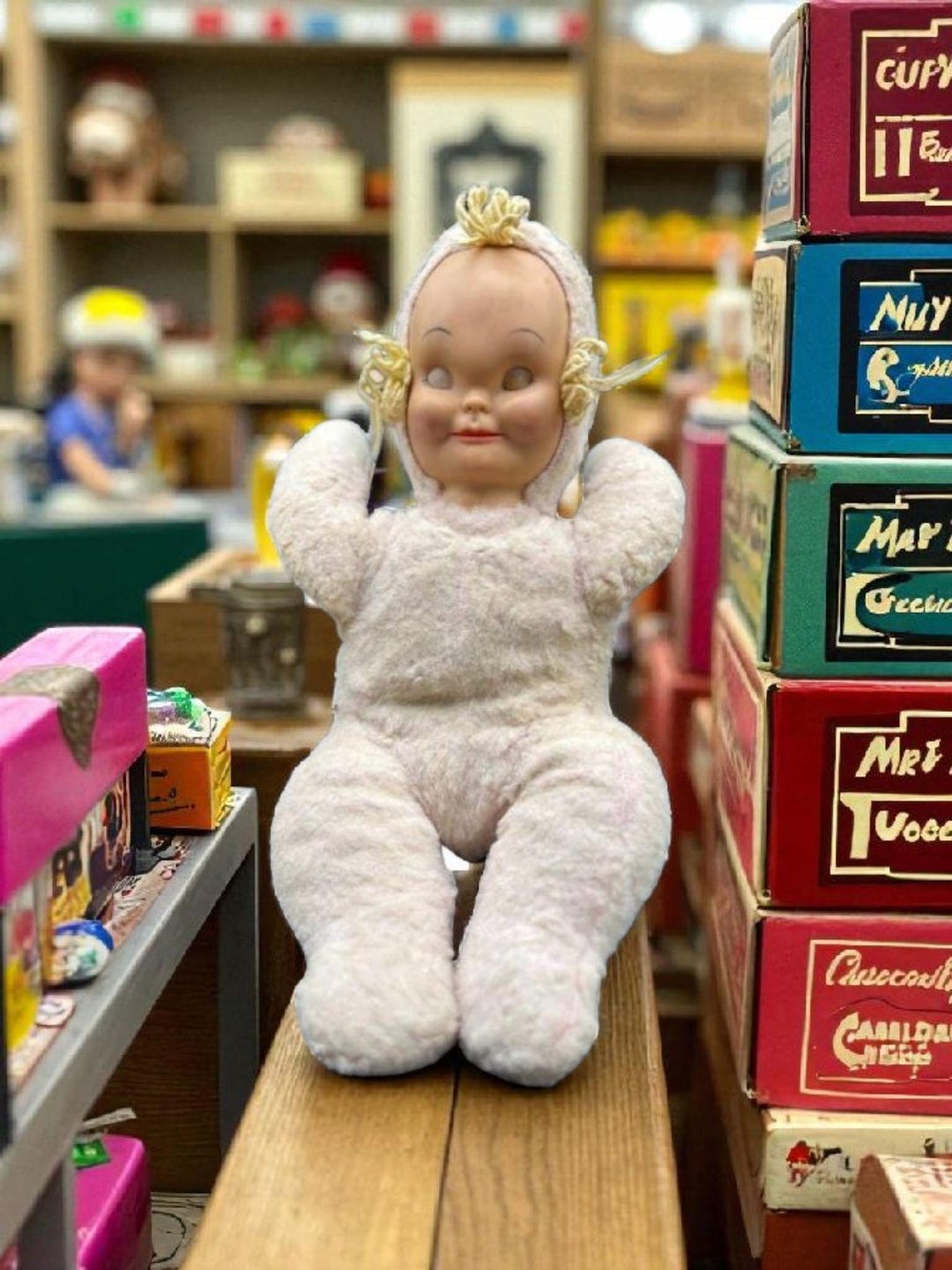 Vintage Knickerbocker Rubber Face Baby Doll, Wind-up Music Box Toy