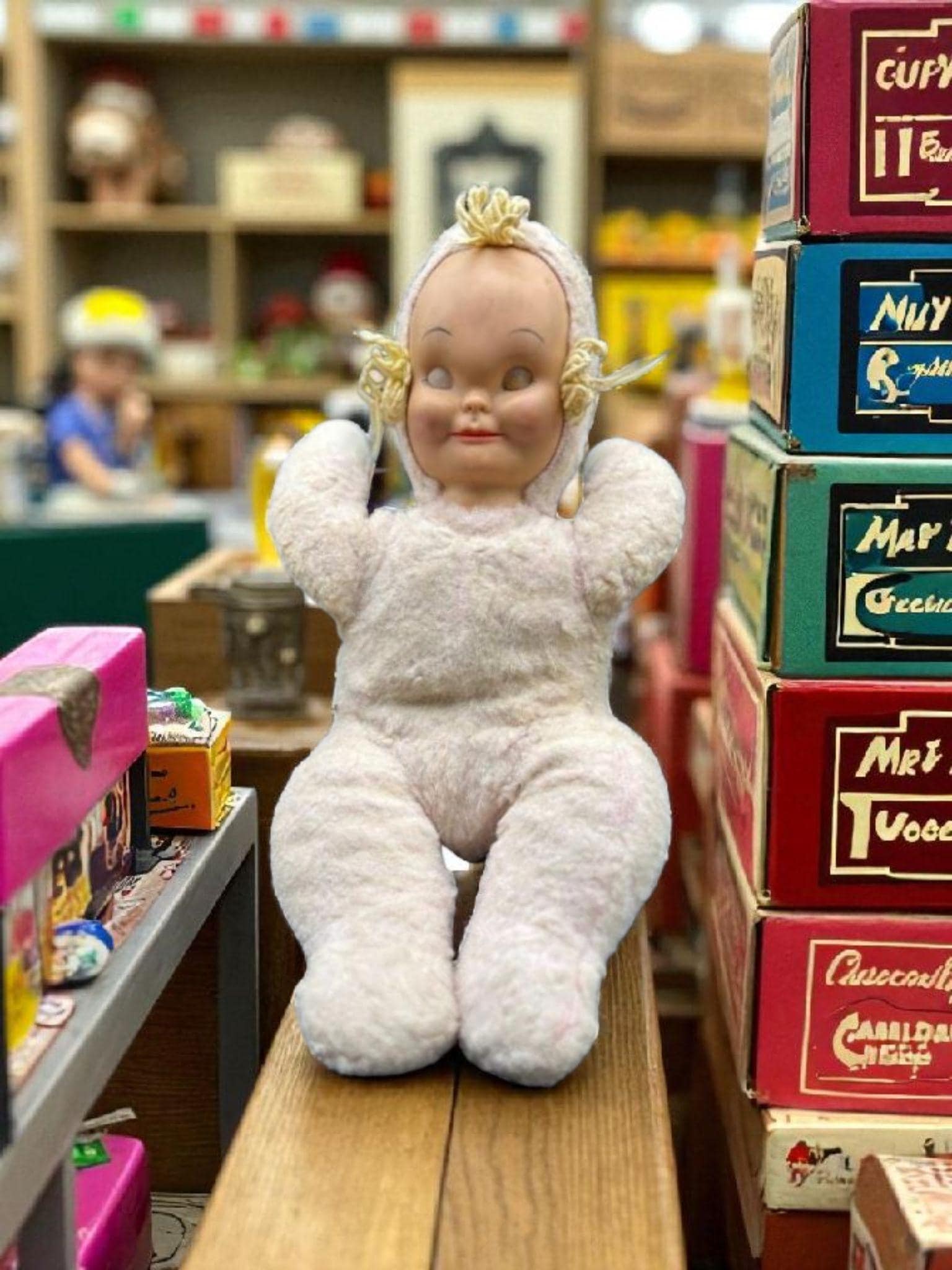 Vintage Knickerbocker Rubber Face Baby Doll, Wind-up Music Box Toy