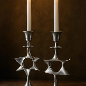Vintage Mid-Century Modern Geometric Brass Candlesticks – Atomic Era Starburst Design – Sculptural Retro Decor